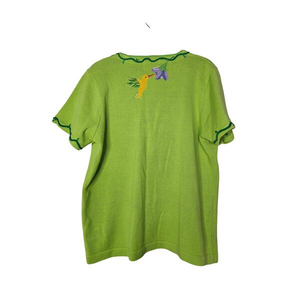 Vintage 90s Quacker Factory L Green Short Sleeve Cardigan Sweater Hummingbird - Picture 3 of 3